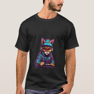 Camiseta DJ Techno Feminina Gato Ciberpunk Música Rave Deco