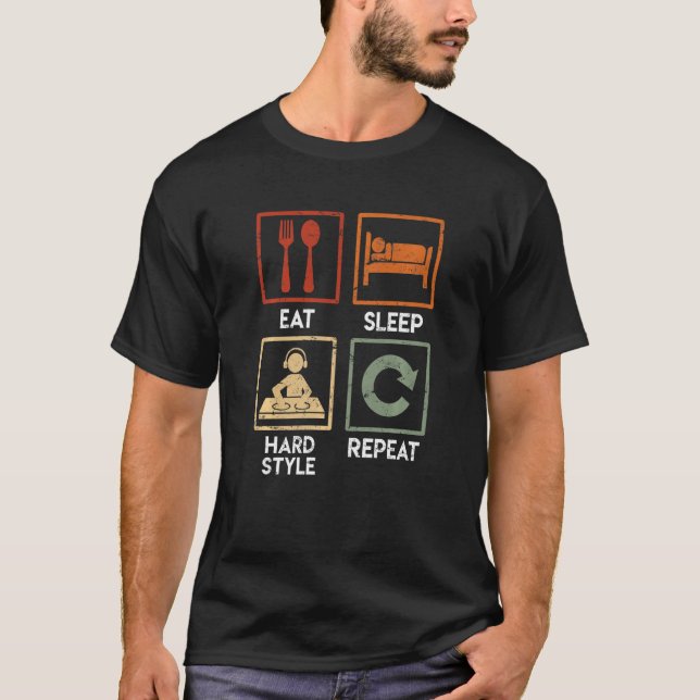 Camiseta DJ Techno Rave Comer Dormir Tocar Repetir (Frente)