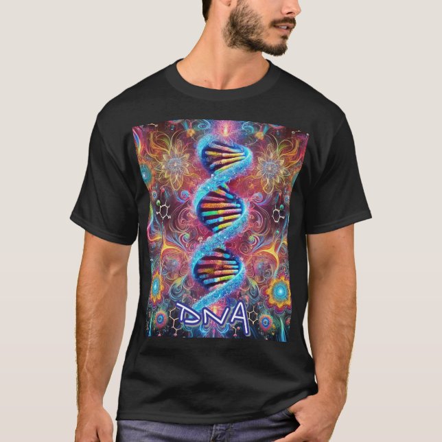 Camiseta DNA cósmico: Design psíquica vibrante/Teto negro (Frente)