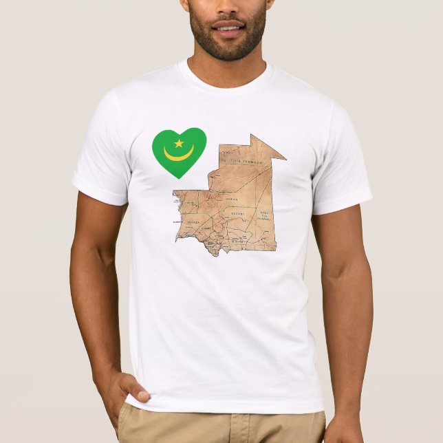 Camiseta do Coração e Mapa da Bandeira da Mauritân (Frente)