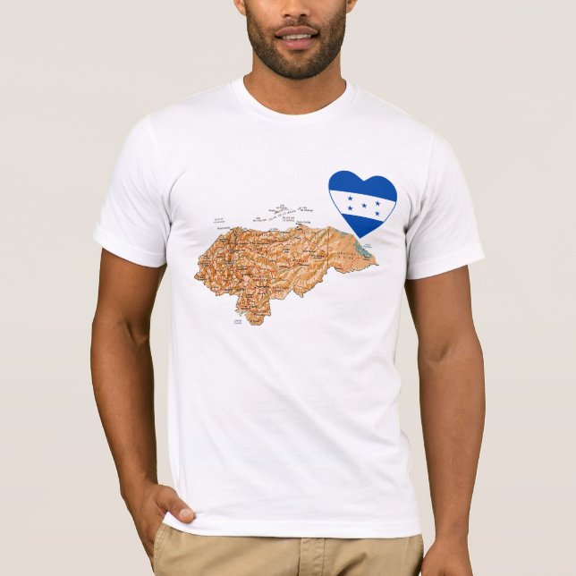 Camiseta do Coração e Mapa da Bandeira de Honduras (Frente)