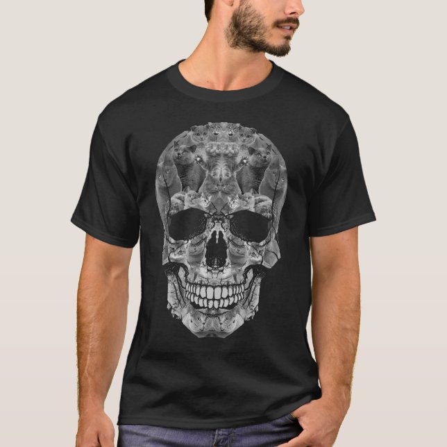 Camiseta do crânio de gato - Gatinho Skeleton Hall (Frente)