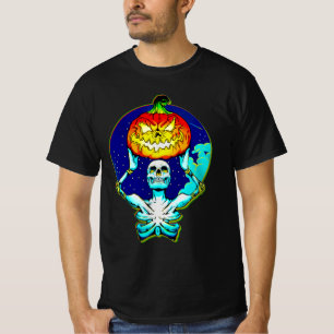 Camiseta do Esqueleto de Halloween Segurando Abóbo