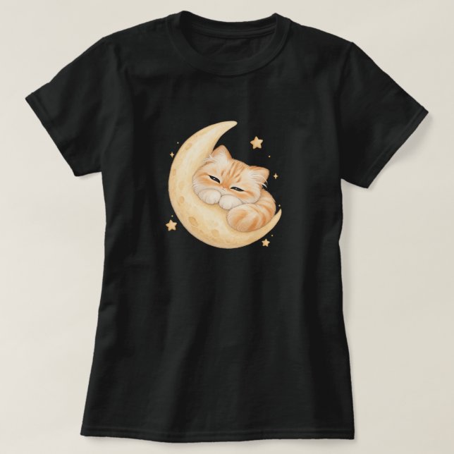 Camiseta do Gato laranja dormindo na Lua Crescente (Frente do Design)