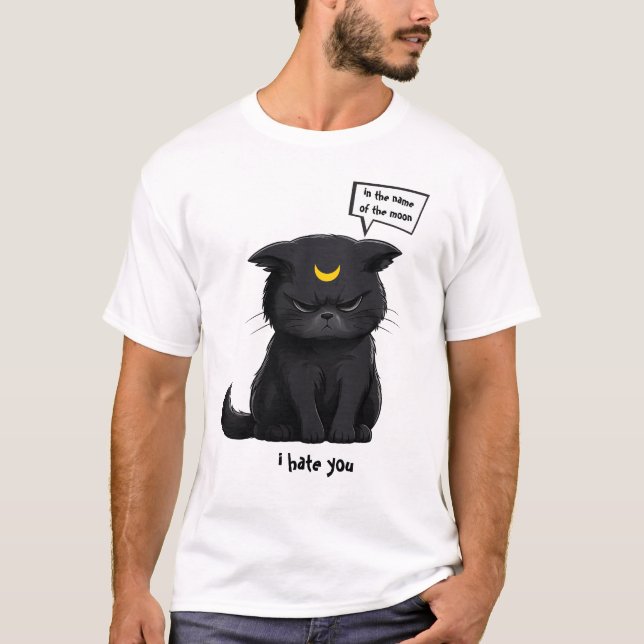 Camiseta do Gato Preto Irritado Em Nome da Lua (Frente)