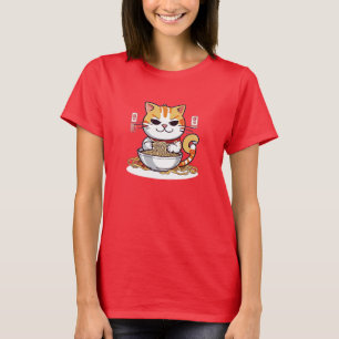 Camiseta do Gato Ramen Comendo Macarrão
