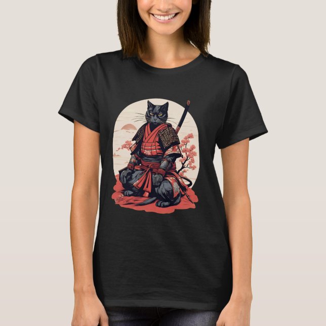 Camiseta do Guerreiro Gato Samurai Japonês Retrô (Frente)