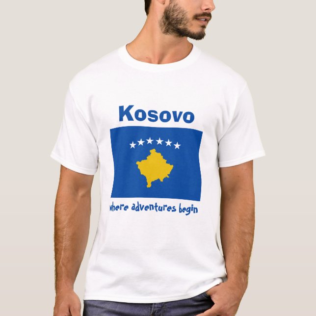 Camiseta do Kosovo Bandeira + Mapa + Texto (Frente)