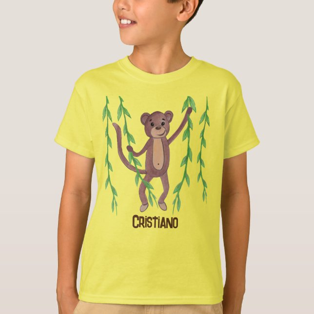 Camiseta do Macaco Balançando em Vinhas Verdes (Frente)