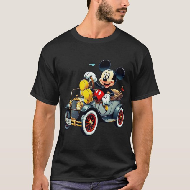 Camiseta do Mickey Mouse Dirigindo Carro Clássico  (Frente)