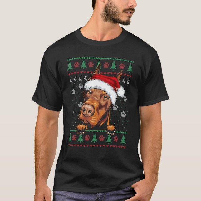 Camiseta Doberman Christmas Ugly Sweater Engraçado Cachorro (Frente)