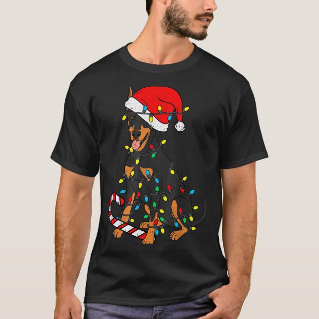 Camiseta Doberman Dog Christmas Lights Santa Xmas Pet Dog L (Frente)