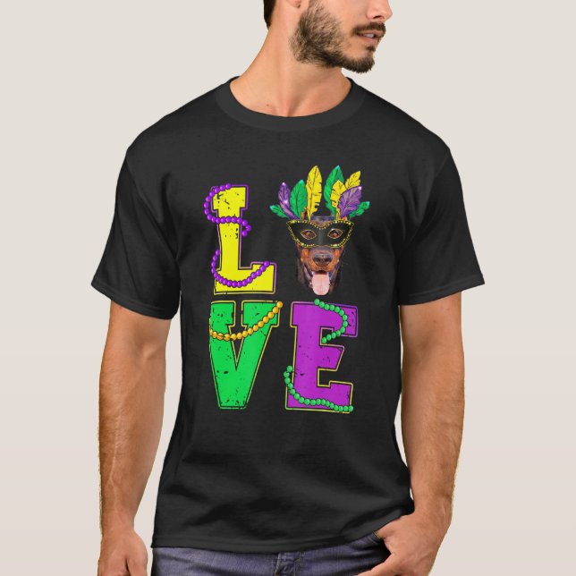 Camiseta Doberman Dog I Love Puppy Mardi Gras Men Women Kid (Frente)