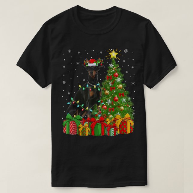 Camiseta Doberman Dog Lighting Xmas Tree Santa Hat Doberman (Frente do Design)