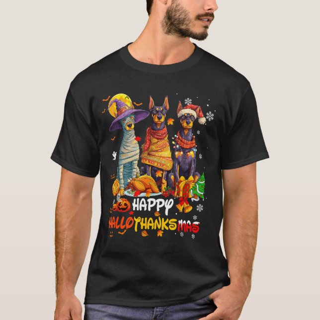 Camiseta Doberman Happy Hallothanksmas Dog Lover Christmas  (Frente)