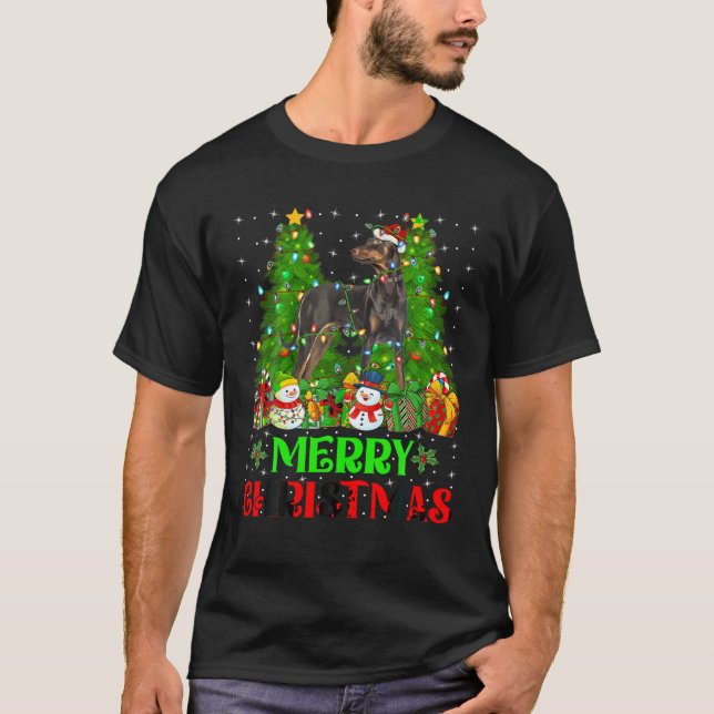 Camiseta Doberman Pinscher Cachorro Árvore de Natal Holida (Frente)