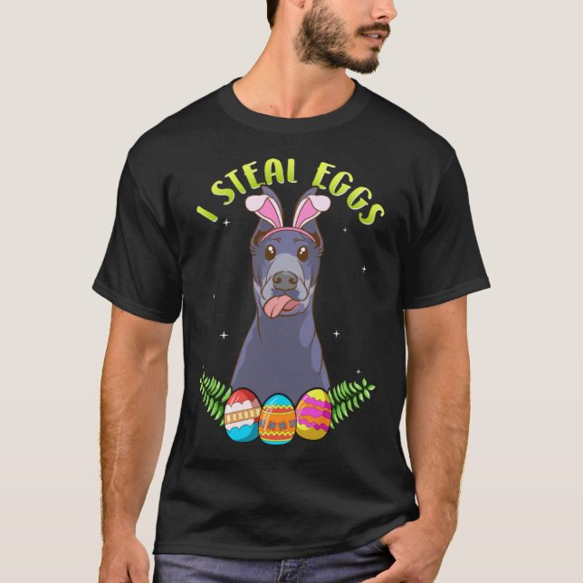 Camiseta Doberman Pinscher de Páscoa com orelhas de coelho  (Frente)