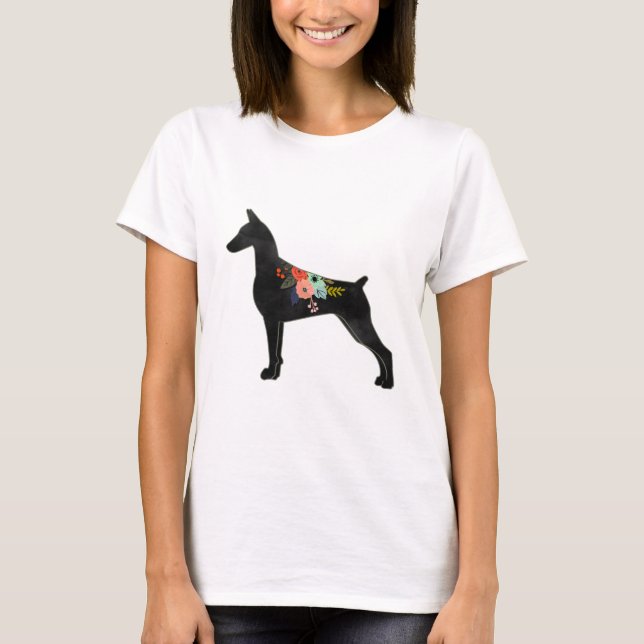 Camiseta Doberman Pinscher Dog Breed Boho Floral Silhouette (Frente)