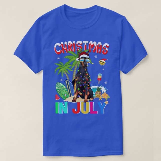 Camiseta Doberman Pinscher em Santa Hat óculos escuros Chri (Frente do Design)