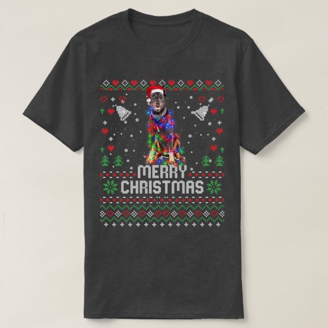 Camiseta Doberman Pinscher Santa Hog Árvore de Natal Lig (Frente do Design)