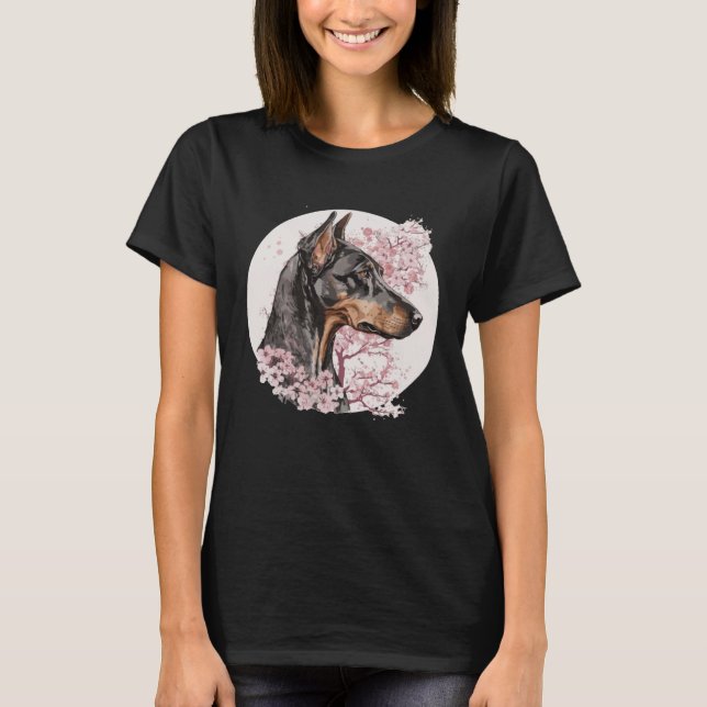 Camiseta Dobermann Cherry Blossom Dog Breed Japanese Waterc (Frente)