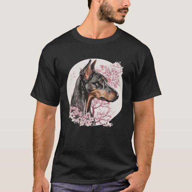 Camiseta Dobermann Cherry Blossom Dog Breed Japanese Waterc (Frente)