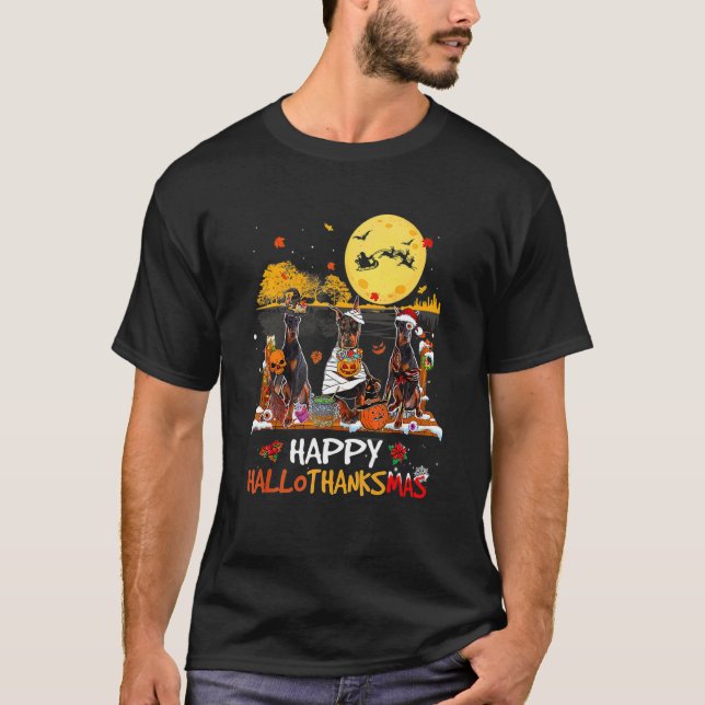 Camiseta Dobermann Hallothanksmas Dia das Bruxas Dia de Açã (Frente)