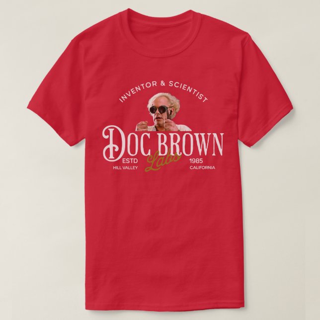 Camiseta Doc Brown Labs Inventor Scientist 1985 (Frente do Design)
