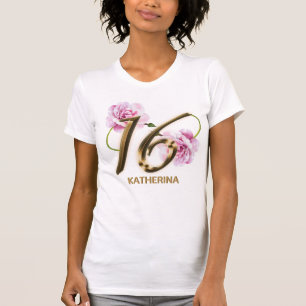 Camiseta Doce 16 Rosas Rosa-de-Aniversário Floral Metálico