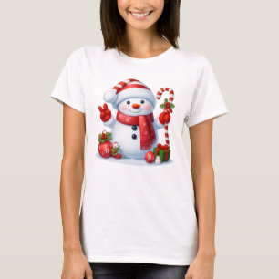 Camiseta Doce Boneco de Neve com Bengala Natalino Feliz Nat
