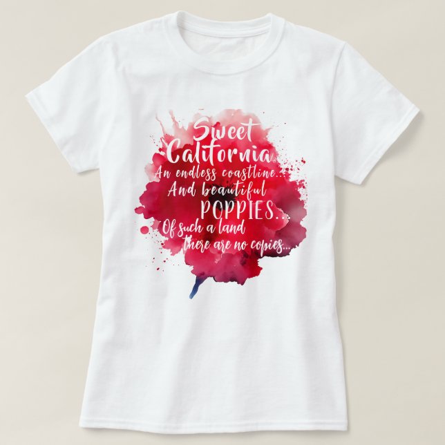Camiseta Doce California Red Poppy Patriótico Romântico (Frente do Design)