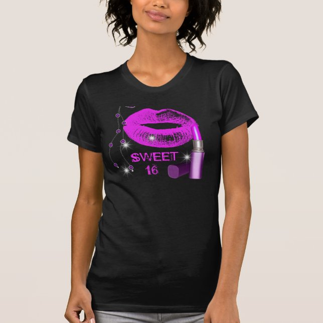 Camiseta Doce Dezesseis Dezesseis Lábios Rosa Quentes Roxos (Frente)
