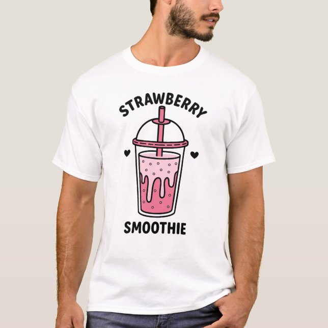 Camiseta Doce Ilustração de Smoothie de Morango Kawaii (Frente)