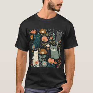 Camiseta Doce Padrão De Gato Floral
