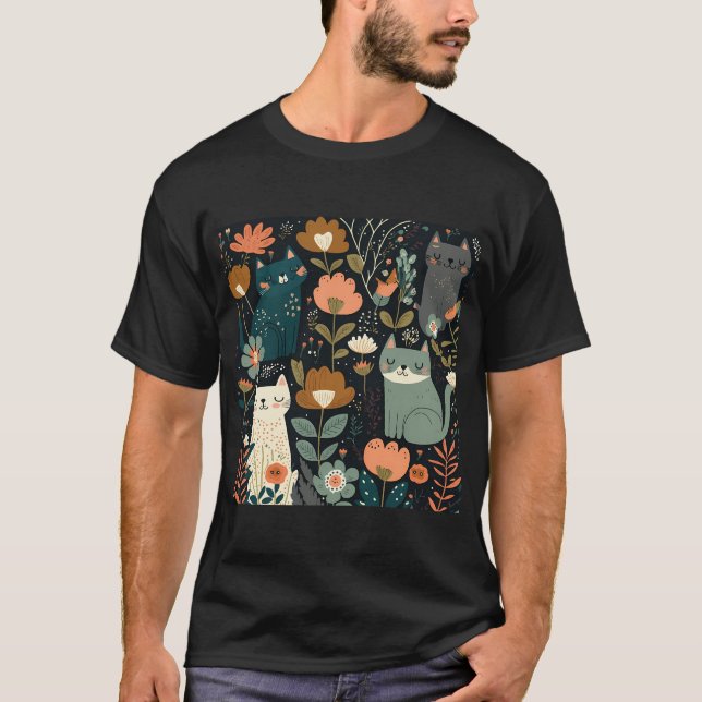 Camiseta Doce Padrão De Gato Floral (Frente)