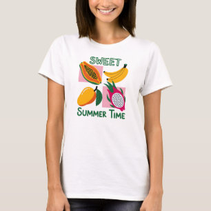 Camiseta Doce Tempo de Verão Design Pop Art de Frutas Tropi
