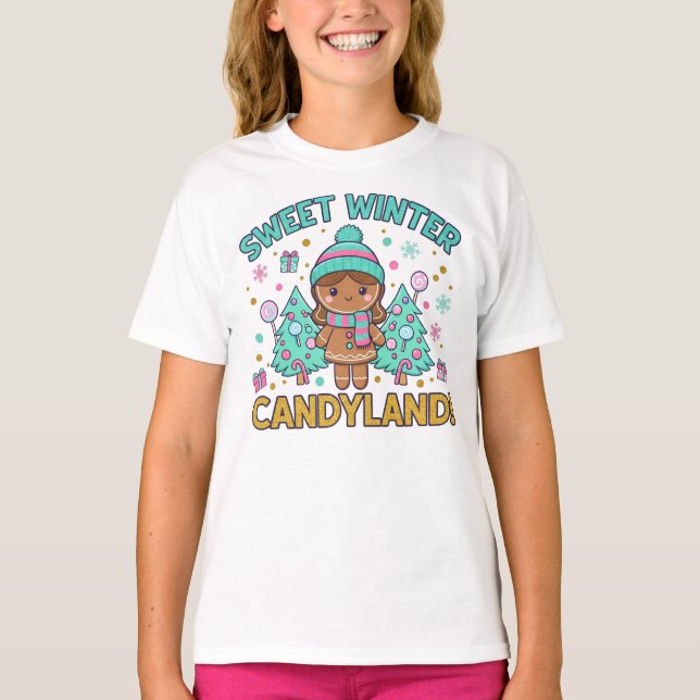 Camiseta Doce Terra dos Doces de Gengibre Natal (Frente)