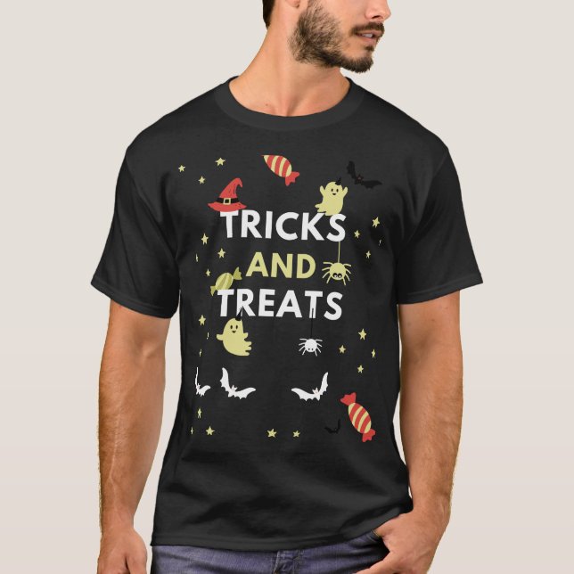 Camiseta Doces Truques e Guloseimas de Halloween Fantasma e (Frente)