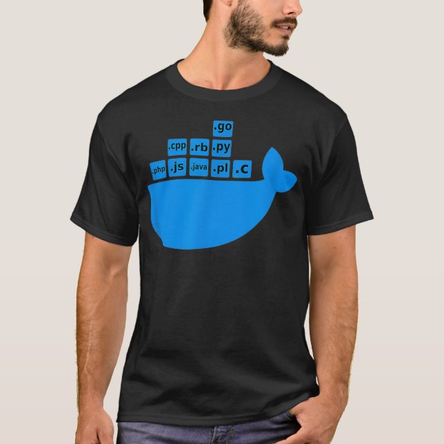 Camiseta Docker Js C Golang Ruby Python Hackathon Tech (Frente)