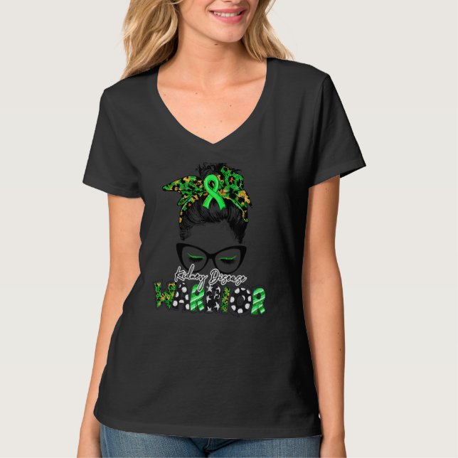 Camiseta Doença Renal Guerreira Leopard Mensagem Bun Mulher (Frente)