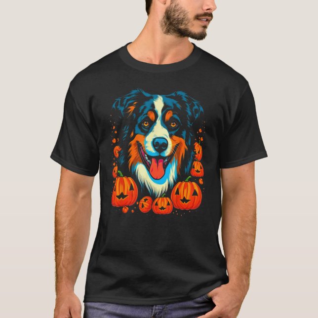 Camiseta Dog Australian Shepherd Cute Halloween Pumpkin (Frente)
