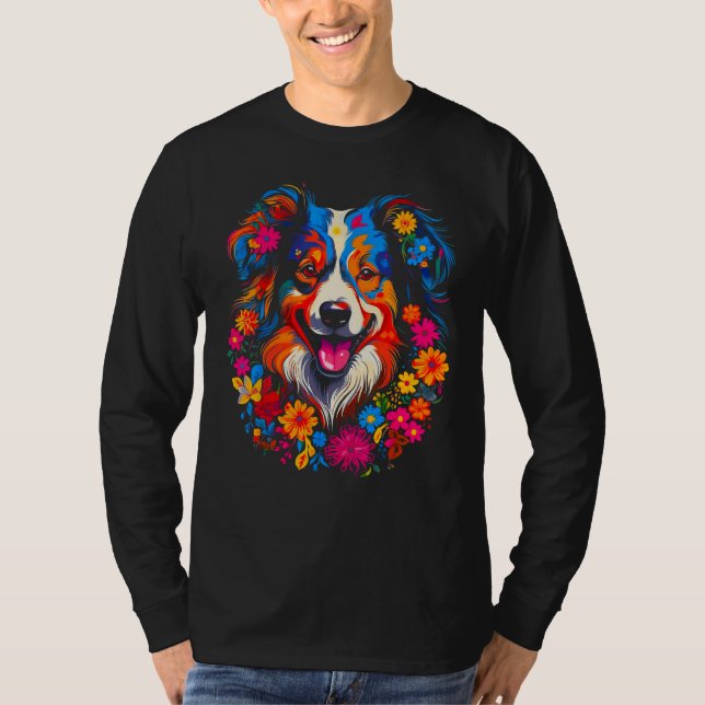 Camiseta Dog Australian Shepherd Love Peace Flowers (Frente)