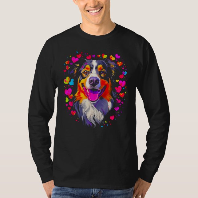 Camiseta Dog Australian Shepherd Pink Red Hearts (Frente)