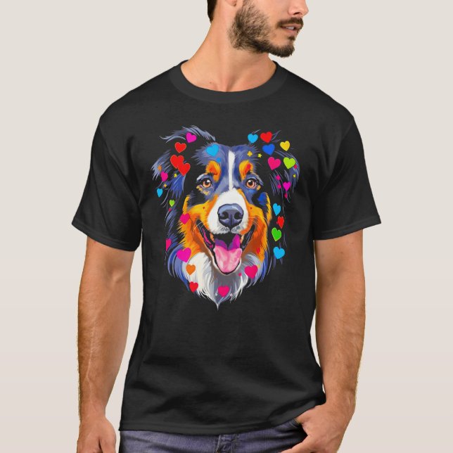 Camiseta Dog Australian Shepherd Red Blue Pink Heart (Frente)