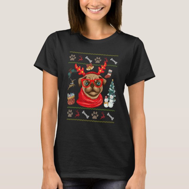 Camiseta Dog  Cute Pug Reindeer Antlers Ugly Christmas (Frente)