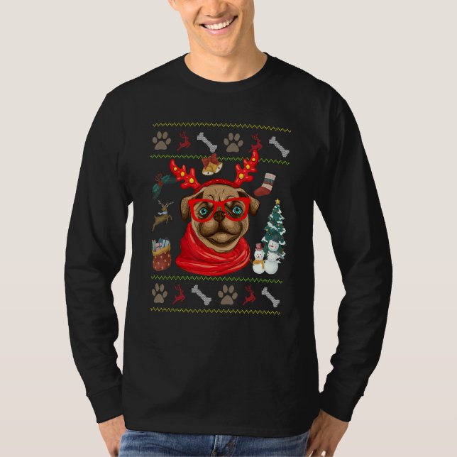 Camiseta Dog  Cute Pug Reindeer Antlers Ugly Christmas (Frente)