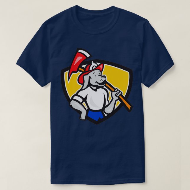 Camiseta Dog Fireman Firefighter Fire Axe Shield Cartoon (Frente do Design)
