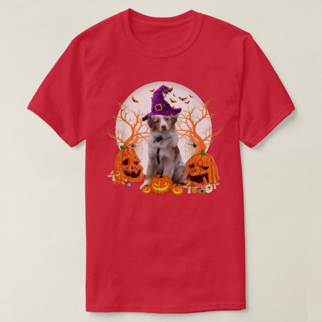 Camiseta Dog Halloween Australian Shepherd Dog Jack O Lante (Frente do Design)