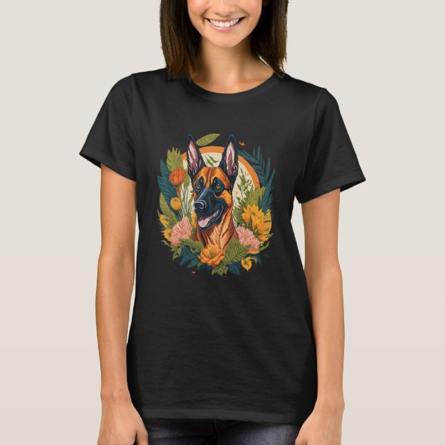 Camiseta Dog Lover Smiling Belgian Malinois Dog Flowers Flo (Frente)
