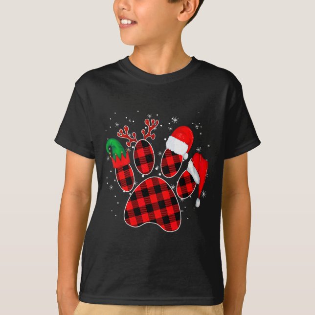 Camiseta Dog Paws Christmas Buffalo Plaid Paw Santa Elf Rei (Frente)